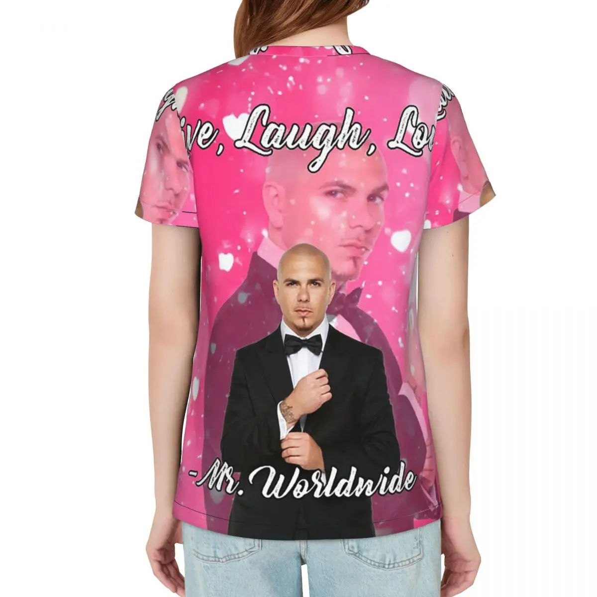Mr. Worldwide Says To Live Laugh Love Pink T-Shirt Women Short Sleeve T Shirts Round Neck Streetwear Cotton Summer Tees