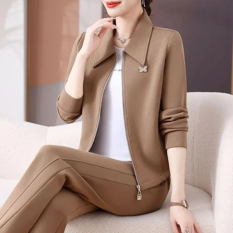 Mom Women Spring Autumn 2 Piece Tracksuit Lapel Zipper Jacket Pants Set Slim Casual Outfit