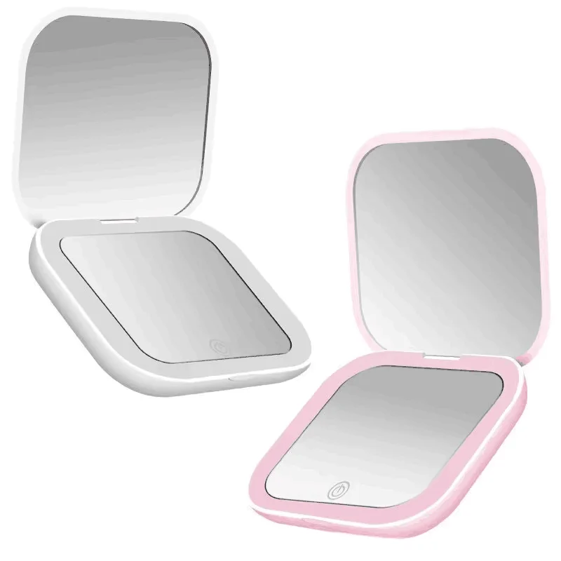 Compact Mini Led Light Makeup Mirror with 2X Magnifying Portable Hand Held Pocket Travel Foldable Women Cosmetic Pocket Mirror