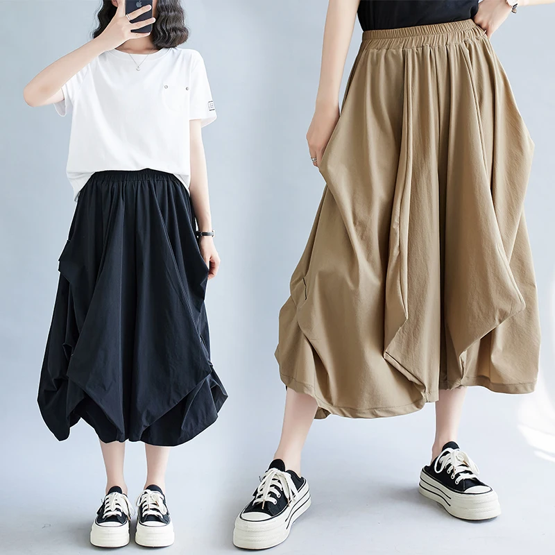 Trendy Oversized Wide Leg Pants Half Skirt Stitching Medium Length Asymmetrical Color Block Versatile Pure Color Commute Style