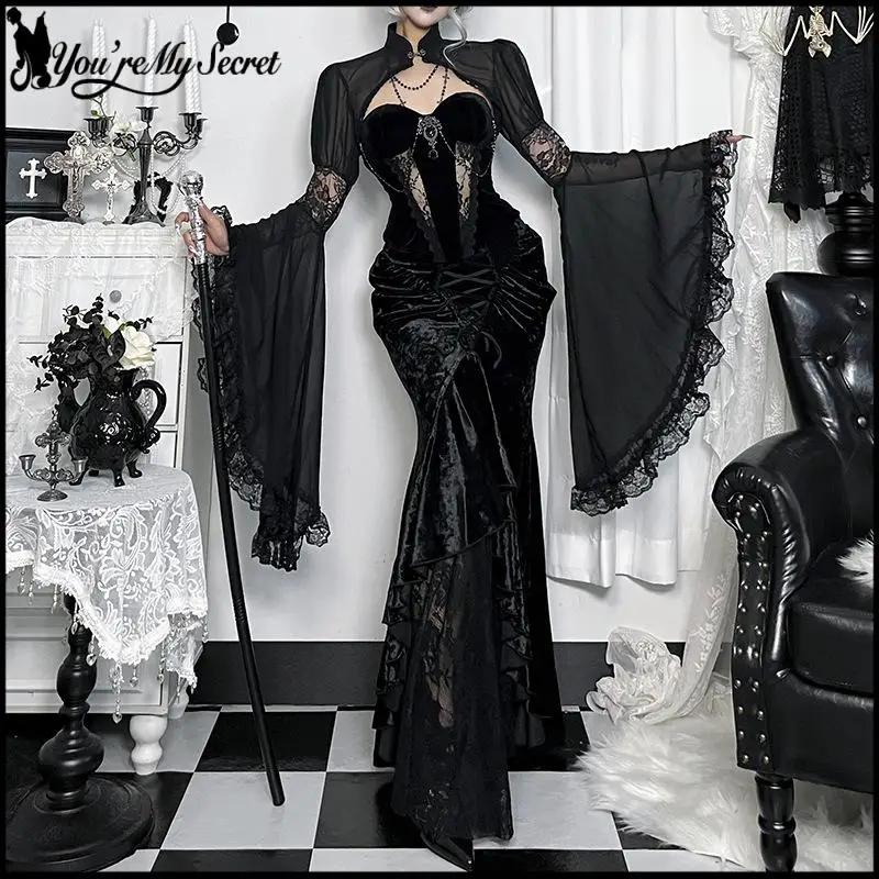 [You're My Secret] Falda larga gótica de terciopelo estilo sirena con volantes de encaje negro, cintura alta, corte de cola de pez, para Halloween y fiestas de brujas