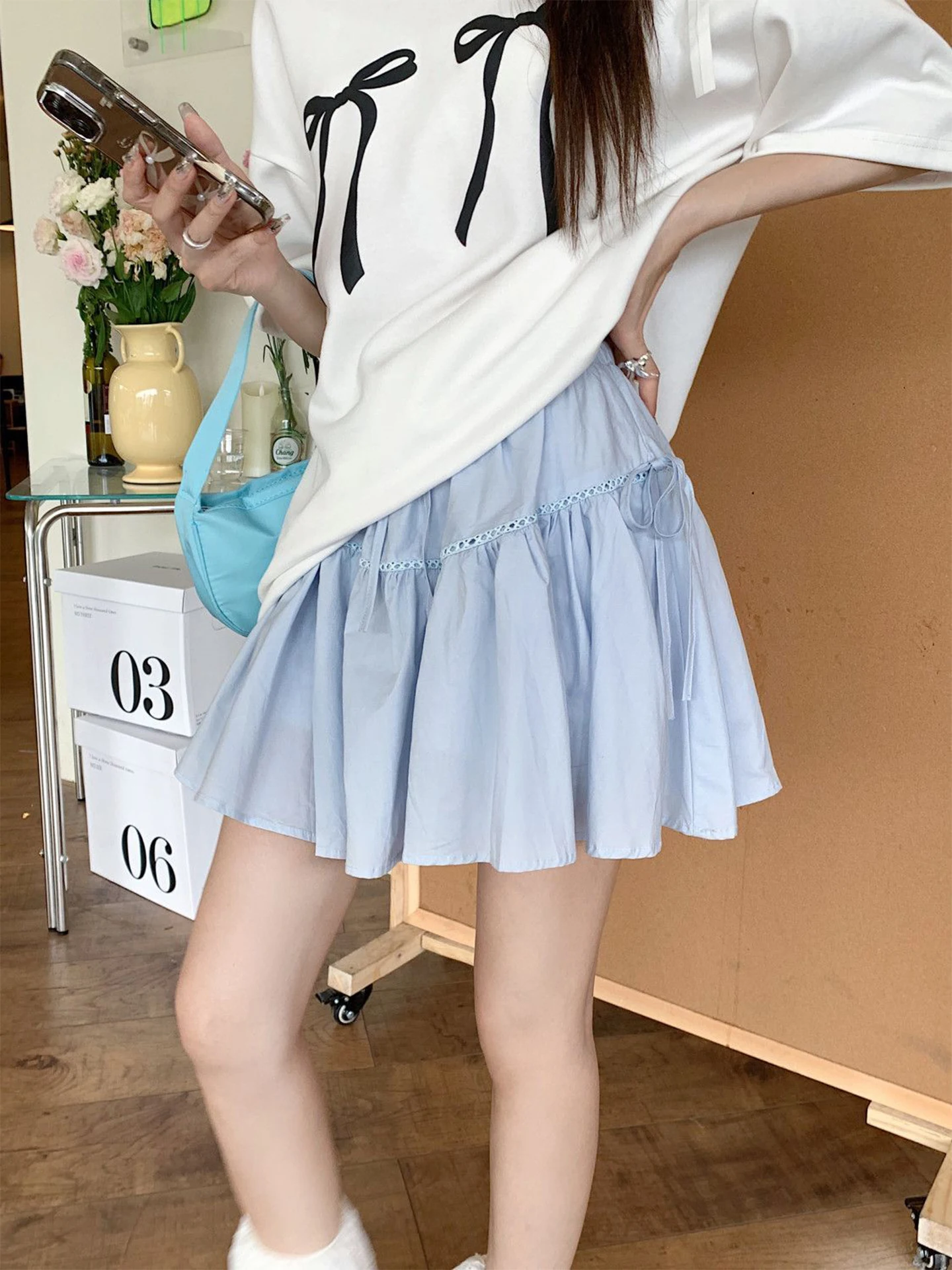 Summer Blue Bowknot Tie Fluffy Short Skirt Women's Sweet Small Size Anti Exposure A-Line  Skirt Commute Korean Style