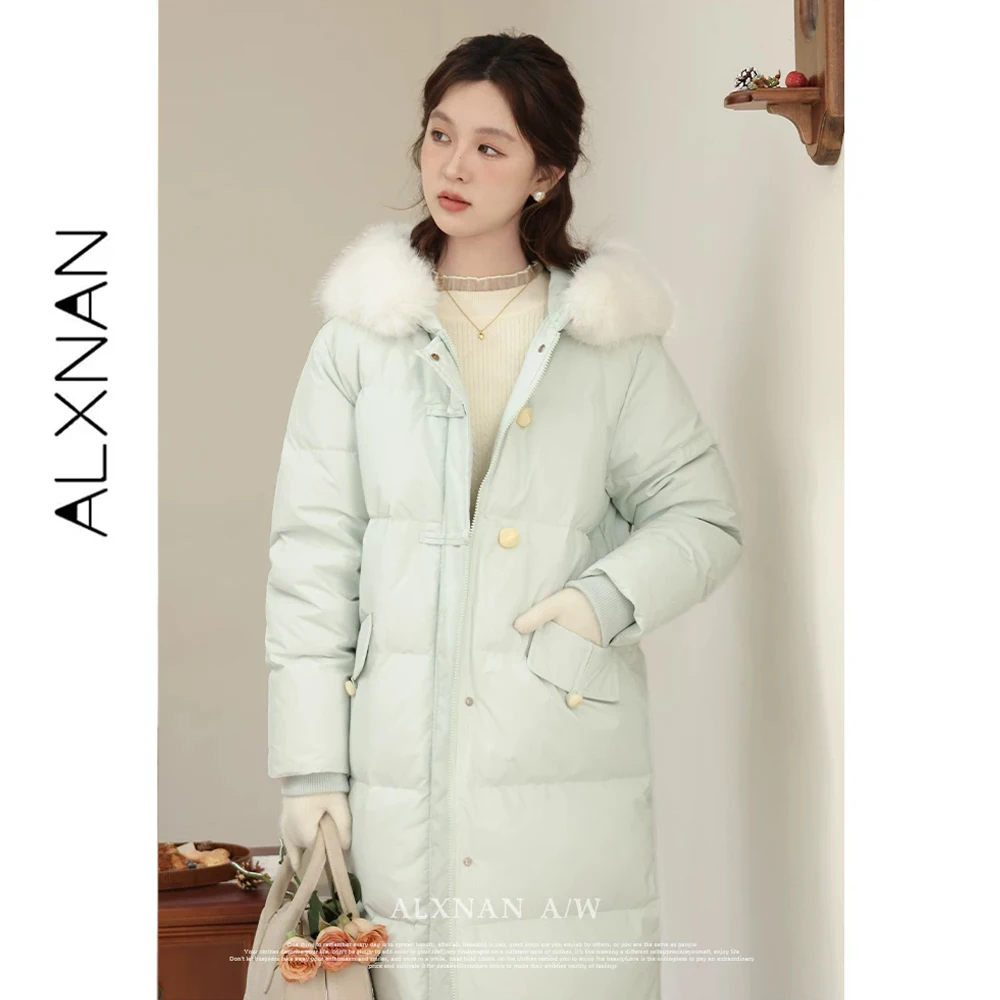 ALXNAN Light Green Down Jacket Women Thickened Warm Hooded Chic Buttons Loose-fit Coats 2026 Winter Long Jackets Female LXN32786