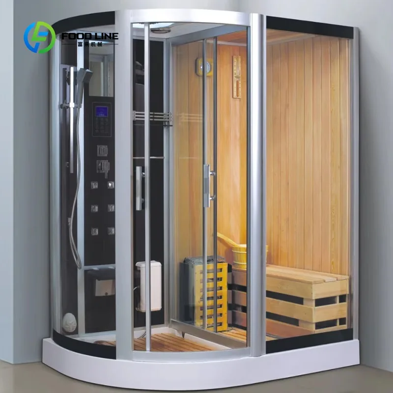 Customized 2-in-1 Sauna Steam Shower Room Hemlock Wood Curved Corner For Home Bathroom Hotel Spa