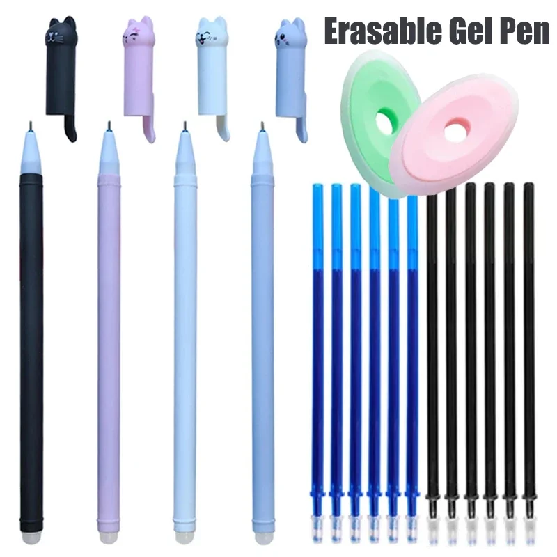 Juego de bolígrafos de Gel borrables con gatito Kawaii, 0,5mm, con recambios de borrador, tinta mágica negra y azul, pintura para escribir, suministros de papelería bonitos