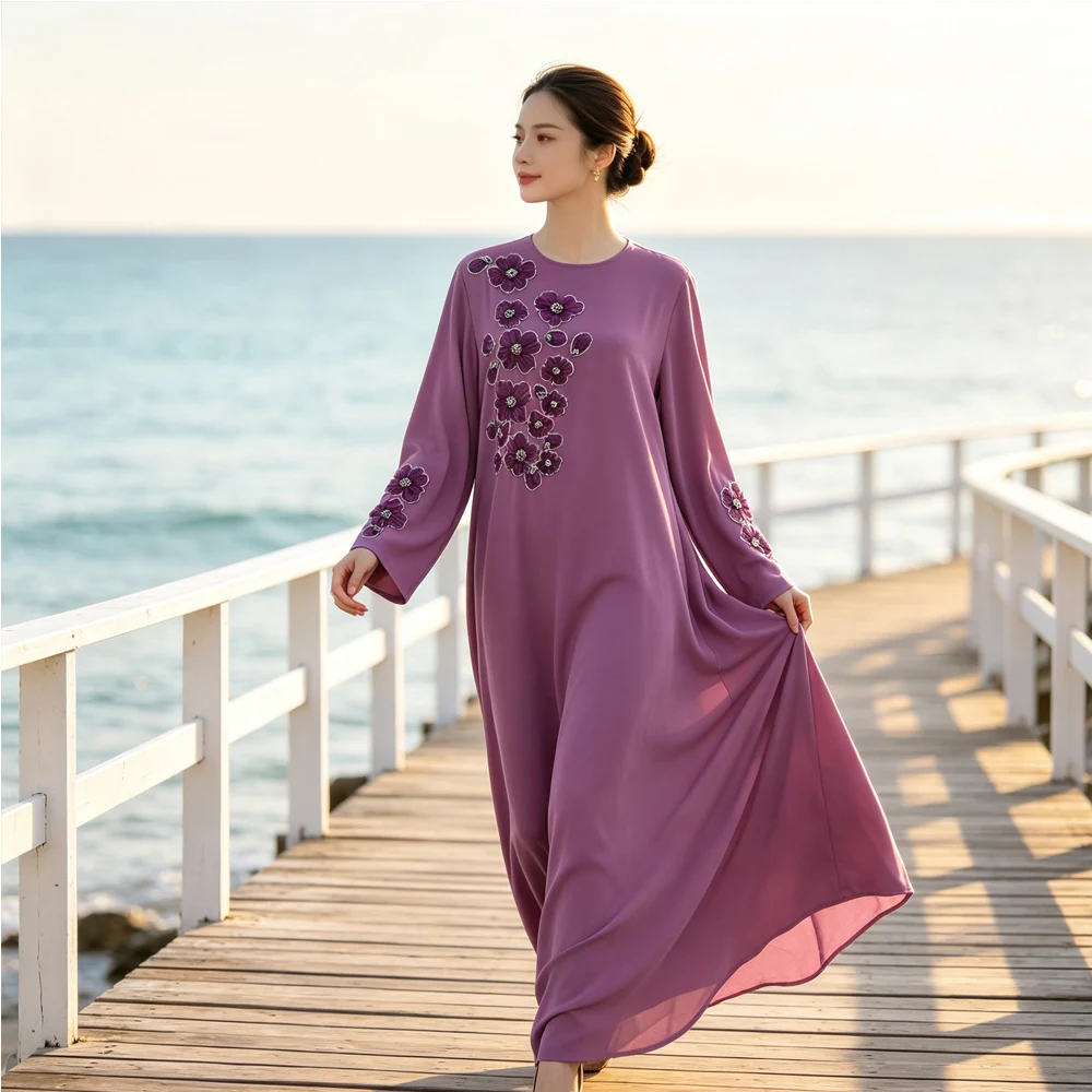 New Dubai Beads Floral Abaya Kaftan Women Muslim Long Maxi Dress Ramadan Eid Jalabiya Caftan Marocain Femme Casual Robe Vestidos