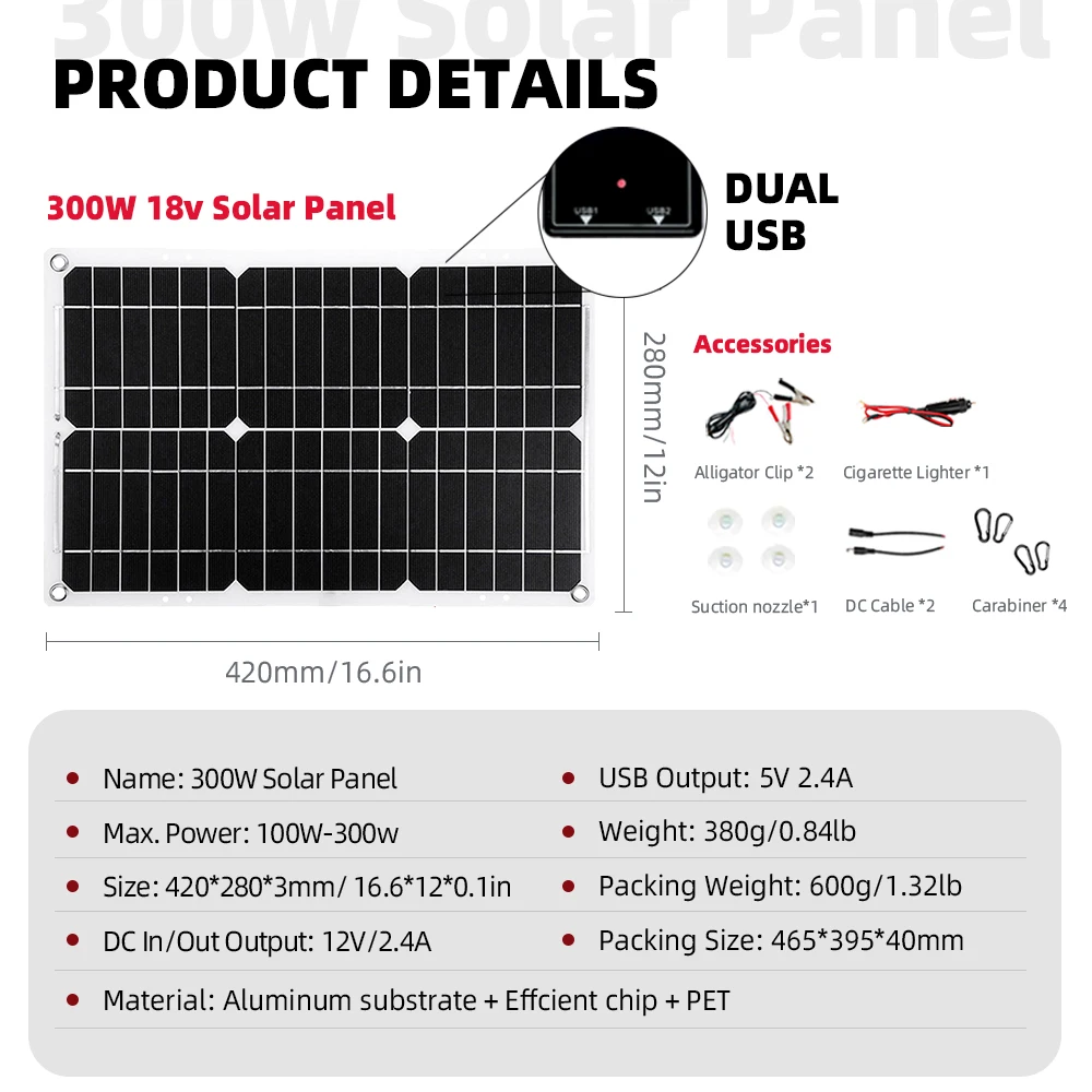 Solar Panel 300W 18V Cable Car Battery Solar Panel System Kit Portable Flexible Controller 2 USB Output Smart Camping