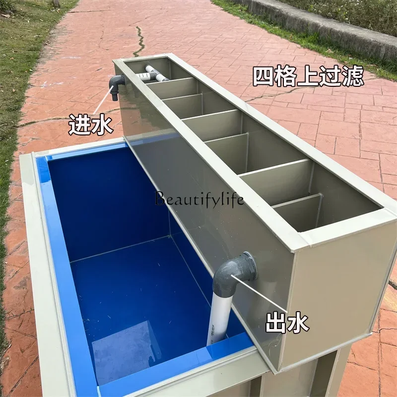 Outside gray, inside blue, outside reinforced koi fish pond viewing surface, filter balcony fish tank on top