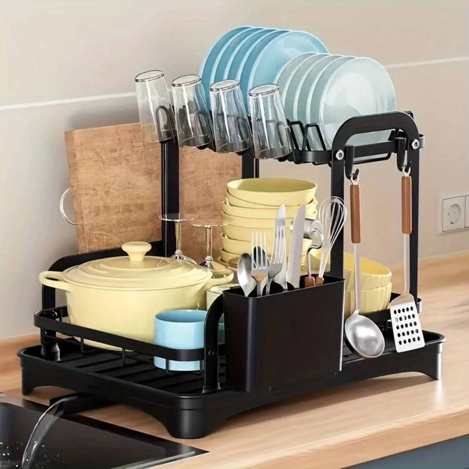 

2-Tier Dish Drying Rack Set with Drainboard, Bowl Rack, Cutting Board Holder, Cup Rack - Kitchen Countertop Organizer & Supplies