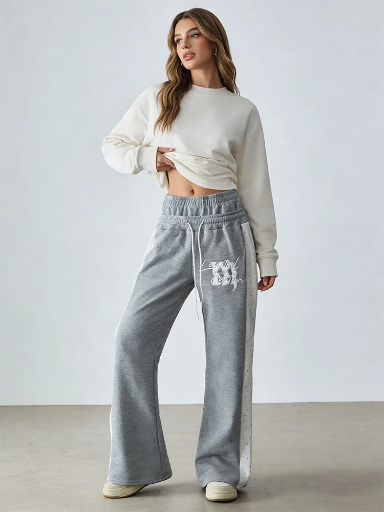 Unisex Y2K Flare Sweatpants Rhinestone Color Block Drawstring Casual Fleece Jogger Pants Streetwear