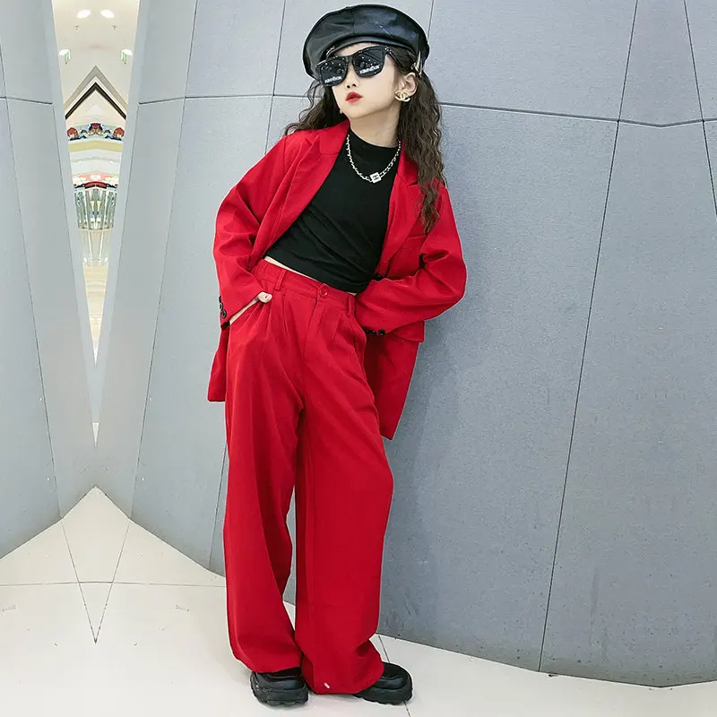 Girls Red Blazer Suits Clothing Sets Spring Autumn Kids Jackets+Pants Fashion Loose Formal Teenager Casual Outfits 5-14Years Old