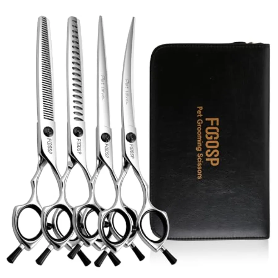 Dog grooming scissors kit for home use: Jnese 440C stainless steel, silver, curved thinning, straight, chunkers shears, 7.0-inc