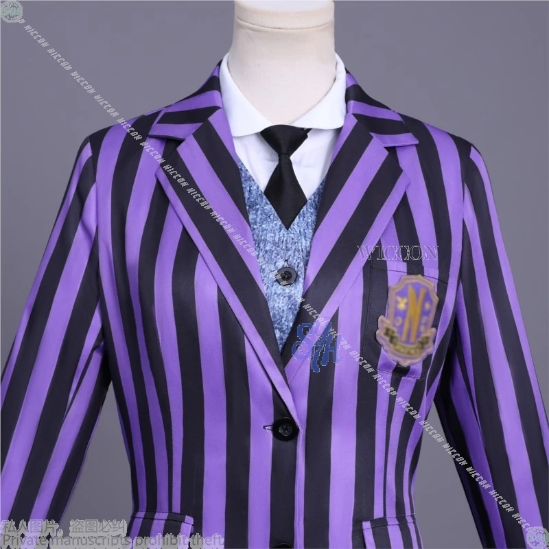 Never More Agnes-Disfraz de Cosplay, uniforme escolar gótico, abrigo de rayas negras y moradas, Lolita, Halloween y Navidad