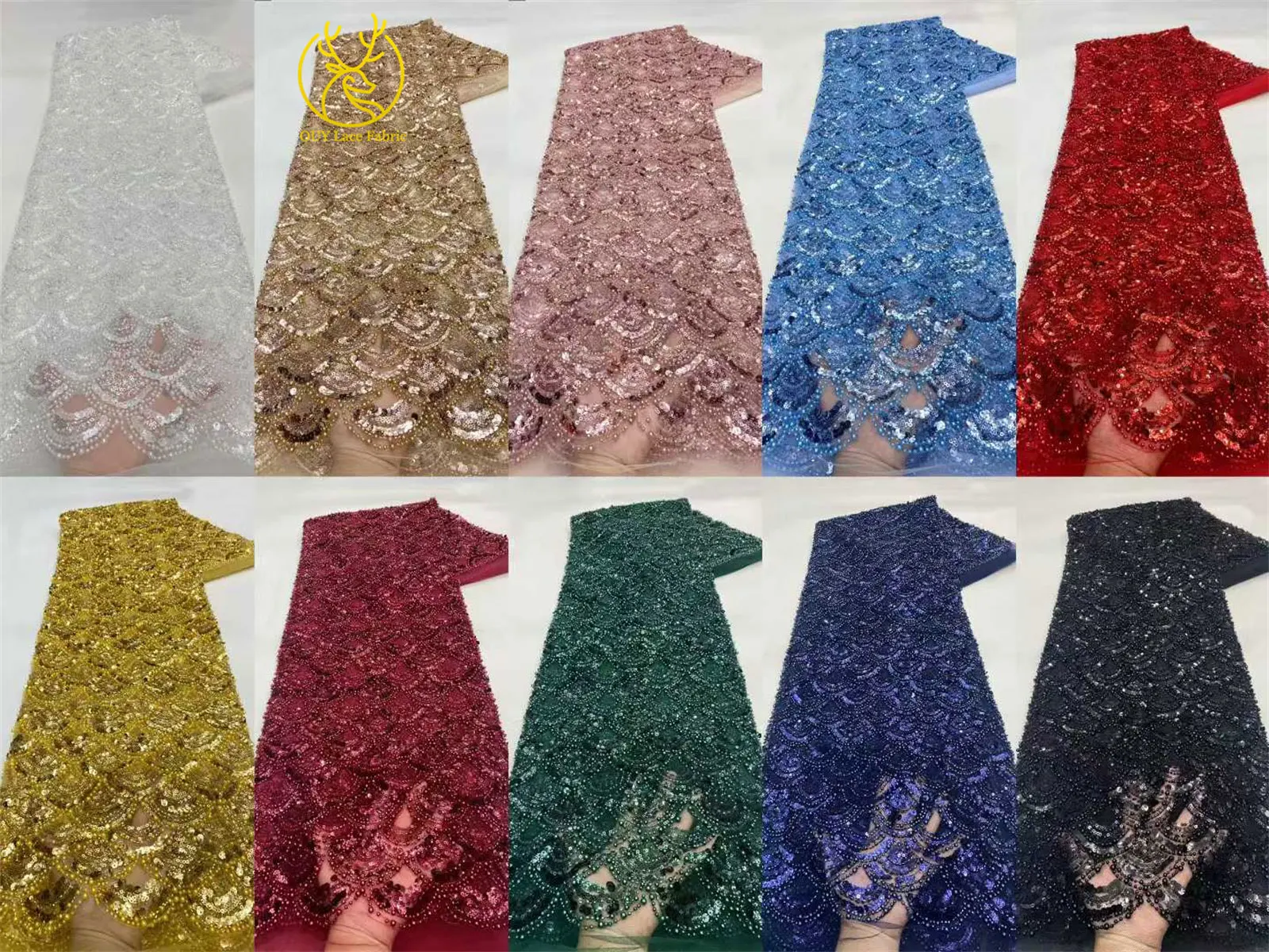 Tiefblauer afrikanischer schwerer Perlen-Spitzenstoff 2026 Hochwertiger nigerianischer Pailletten-Spitzenstoff für Hochzeit, Party, Kleid, 5 Yards – Detail 3