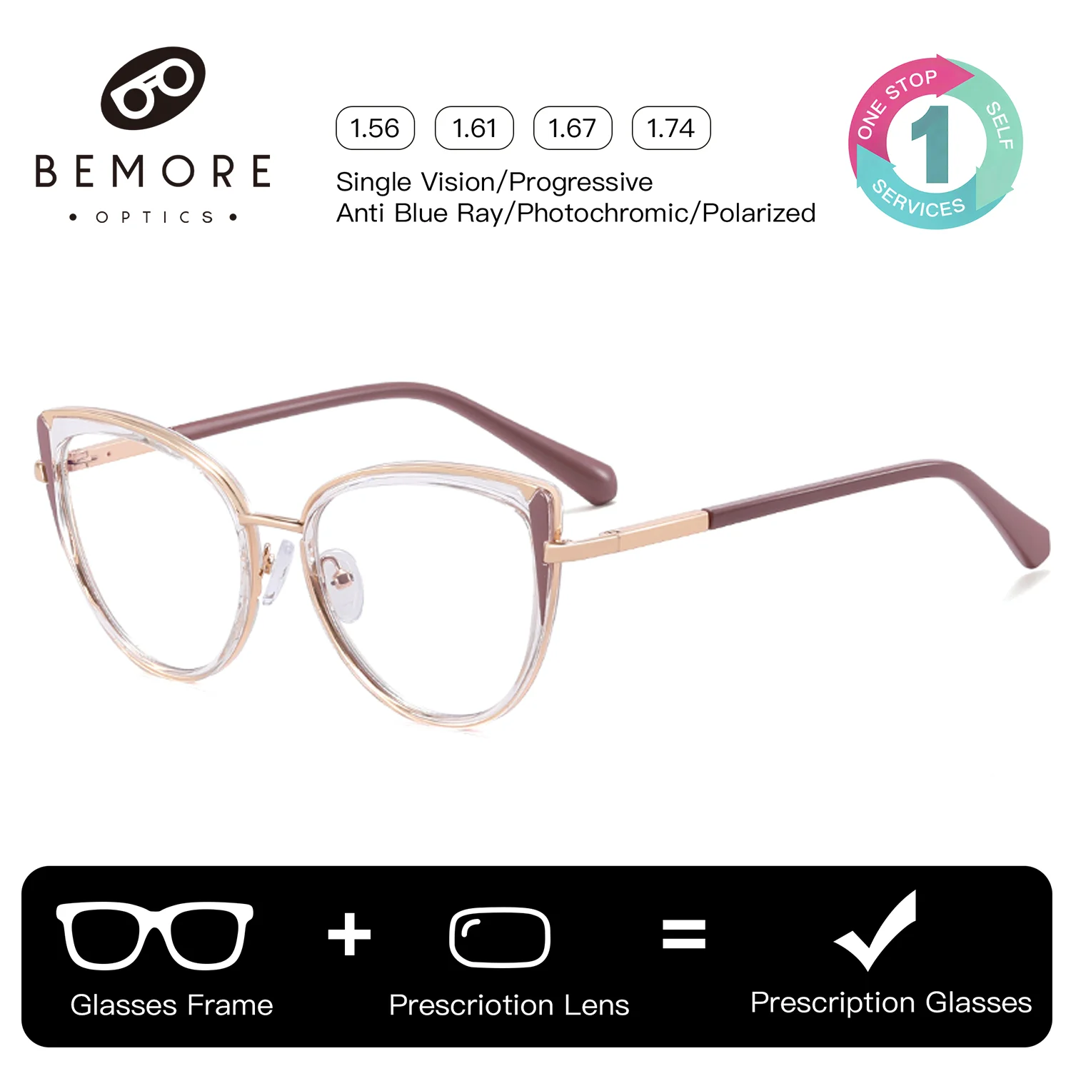 BEMORE Metal Alloy Butterfly Progressive Multifocal Glasses for Woman Square Anti-Blue Light Photochromic Prescription Eyewear