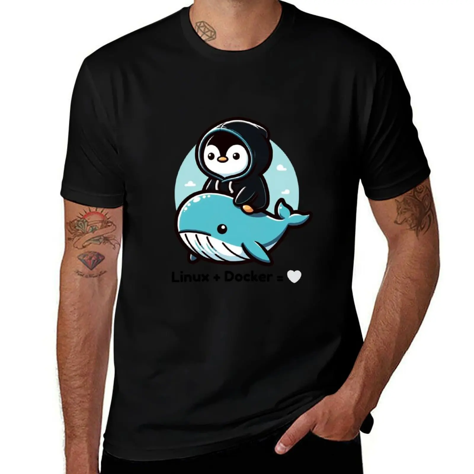 لينكس + دوكر = ؟ تي شيرت تي شيرت للرجال جرافيك عتيق تي شيرت رجالي قطن عالي الجودة