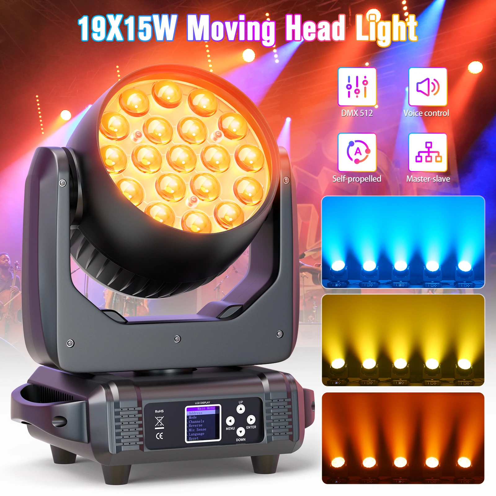 Moving Head Light 19x15W DMX Stage Lights Zoom Beam Wash RGBW for Parties Live Show Disco Concert Wedding Christmas Events