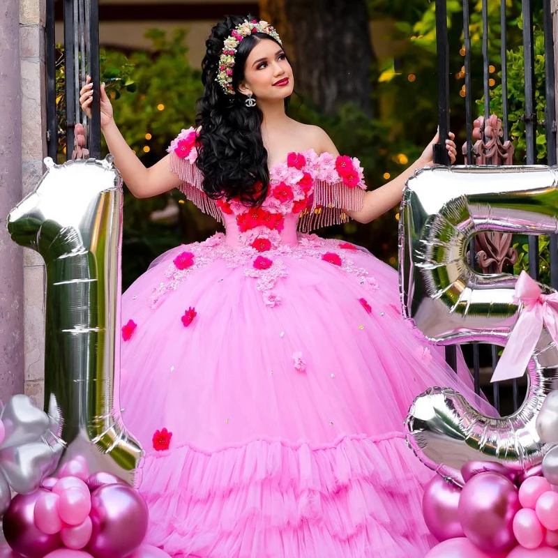 

Pink Sexy Sweetheart Quinceanera Dresses Ball Gowns For Sweet 16 Girl Applique Flower Beads Ruffles Birthday Party Prom Dress