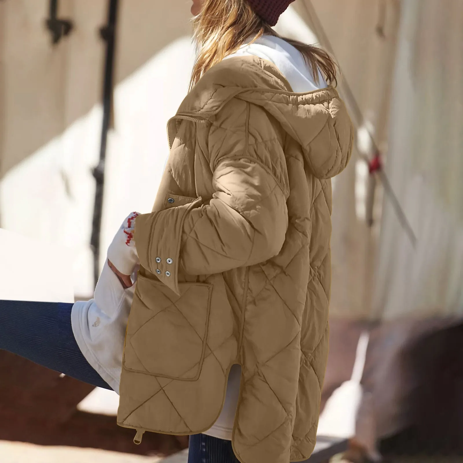 

Женская зимняя пуховая куртка, однотонная пуховая куртка оверсайз с карманами и капюшоном, повседневное хлопковое пальто с длинным рукавом для дам