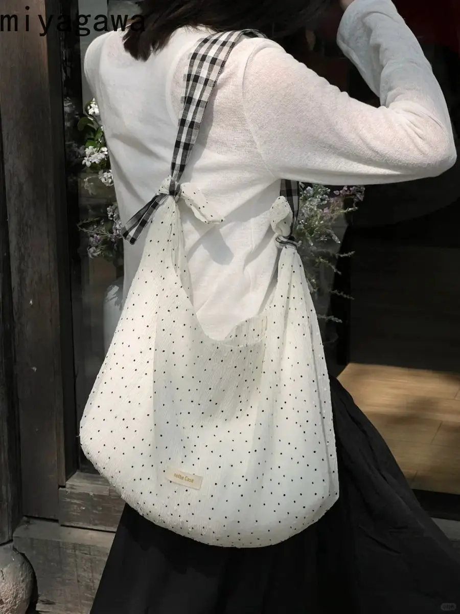 Miyagawa Korean Style Polka Dot Tote Bag Niche Design Sweet Girl Carrying Shoulder Summer Fresh Canvas Bags