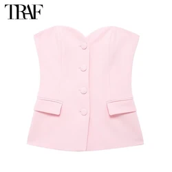 TRAF 2024 Pink Crop Top Women Sexy Backless Corset Top Female off Shoulder Bustier Top Woman Button Tank Top Women Waistcoat