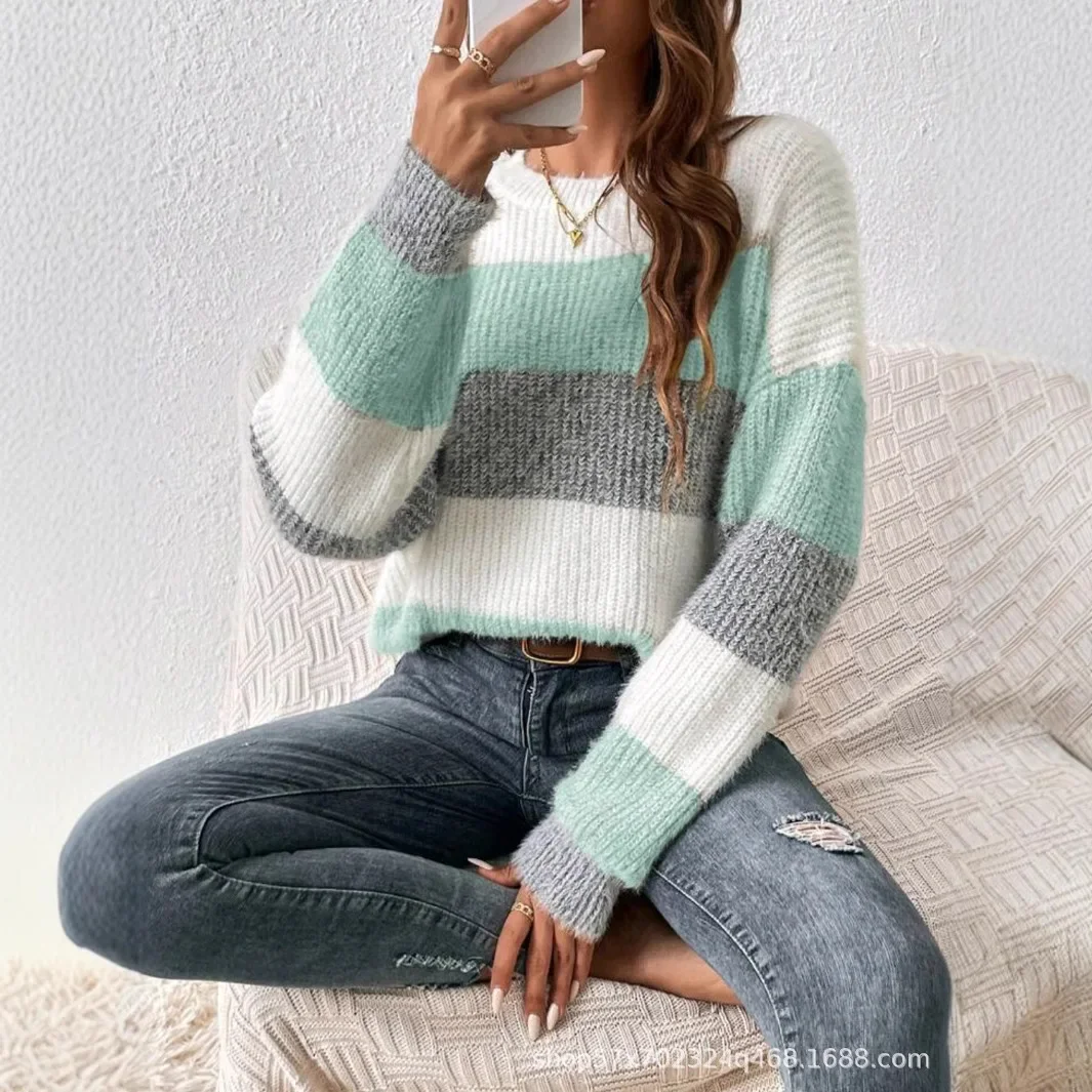 Casual Loose Striped round Neck Women's Sweater Thick Winter Knitted Top French Style Shoulder Loose Autumn Winter Sweater