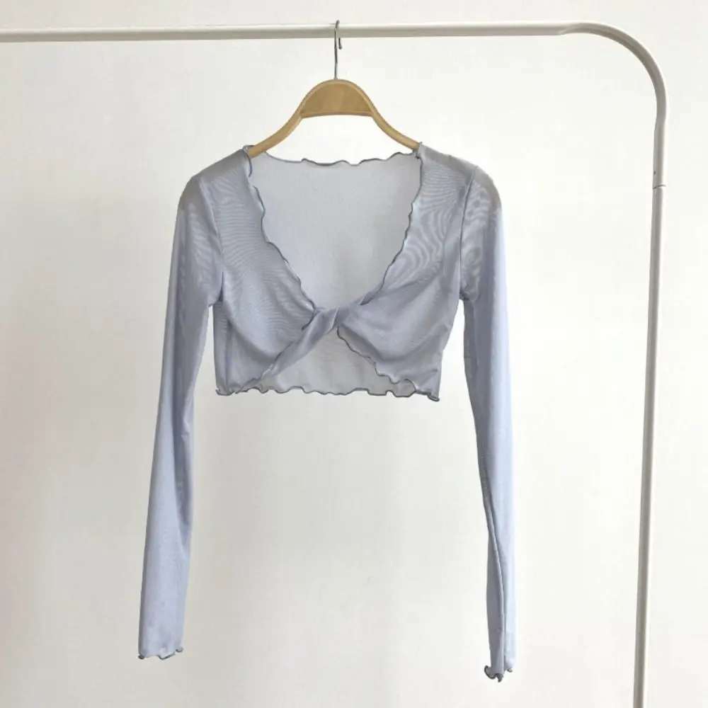 Comfortable Ruffle Mesh Knot Cardigan See Through Long Sleeve Transparent Cardigan Beach Wear V-neck Sun Protection Tops Travel