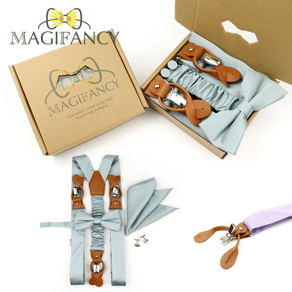 MAGIFANCY 4 PCS Suspender Bowtie Set Colorful Solid 3.5cm Brace Men Polyester Sage Salmon Pink Daily Wedding Top Accessory Gift