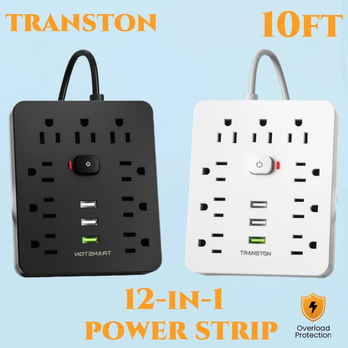 Toma de corriente TRANSTON con protector contra sobretensiones, 9 regletas, 3 puertos USB, cable de extensión de 10 pies, carga rápida, para el hogar y la oficina