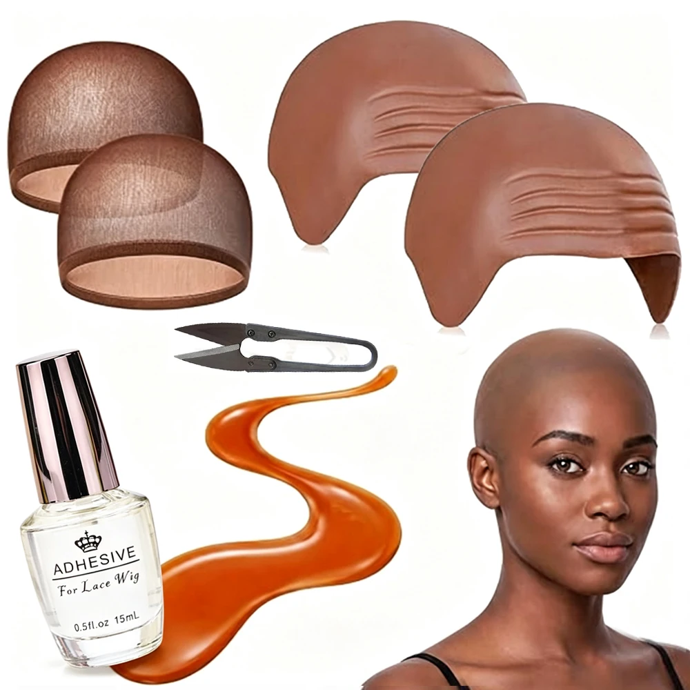 High Quality Bald Cap Kit for Adults Wig Cap Kit Halloween Costume Trim to Fit Latex Bald Cap with Glue Scissor