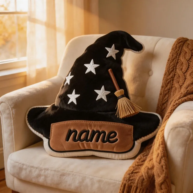 Customized photo witch hat shaped pillow, personalized name and broom design decorative cushion, unique home decoration, suitabl