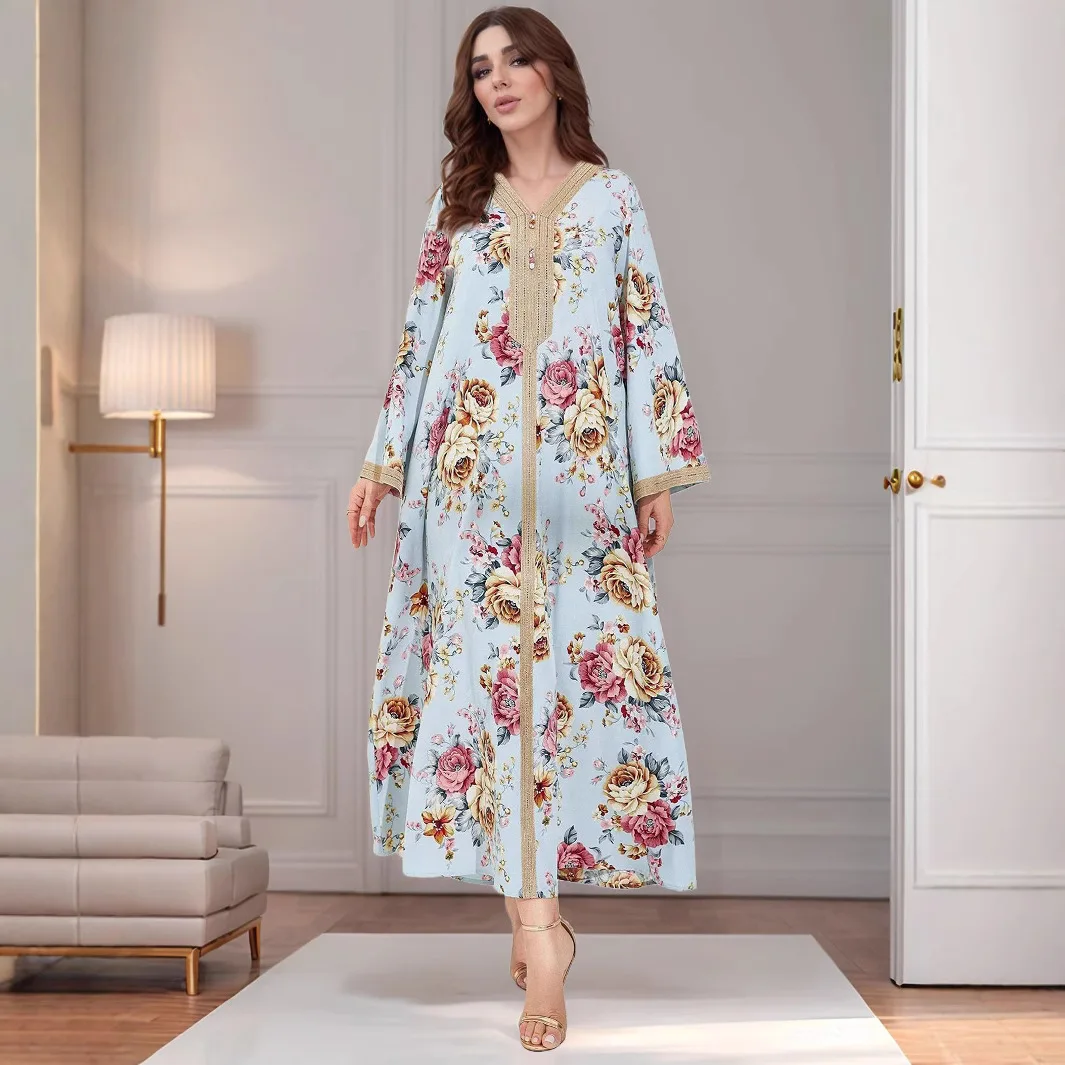 Vestido largo informal holgado con estampado de Oriente Medio para mujer, vestido largo Abaya con manga acampanada y empalme de cinta a la moda con cuello en V