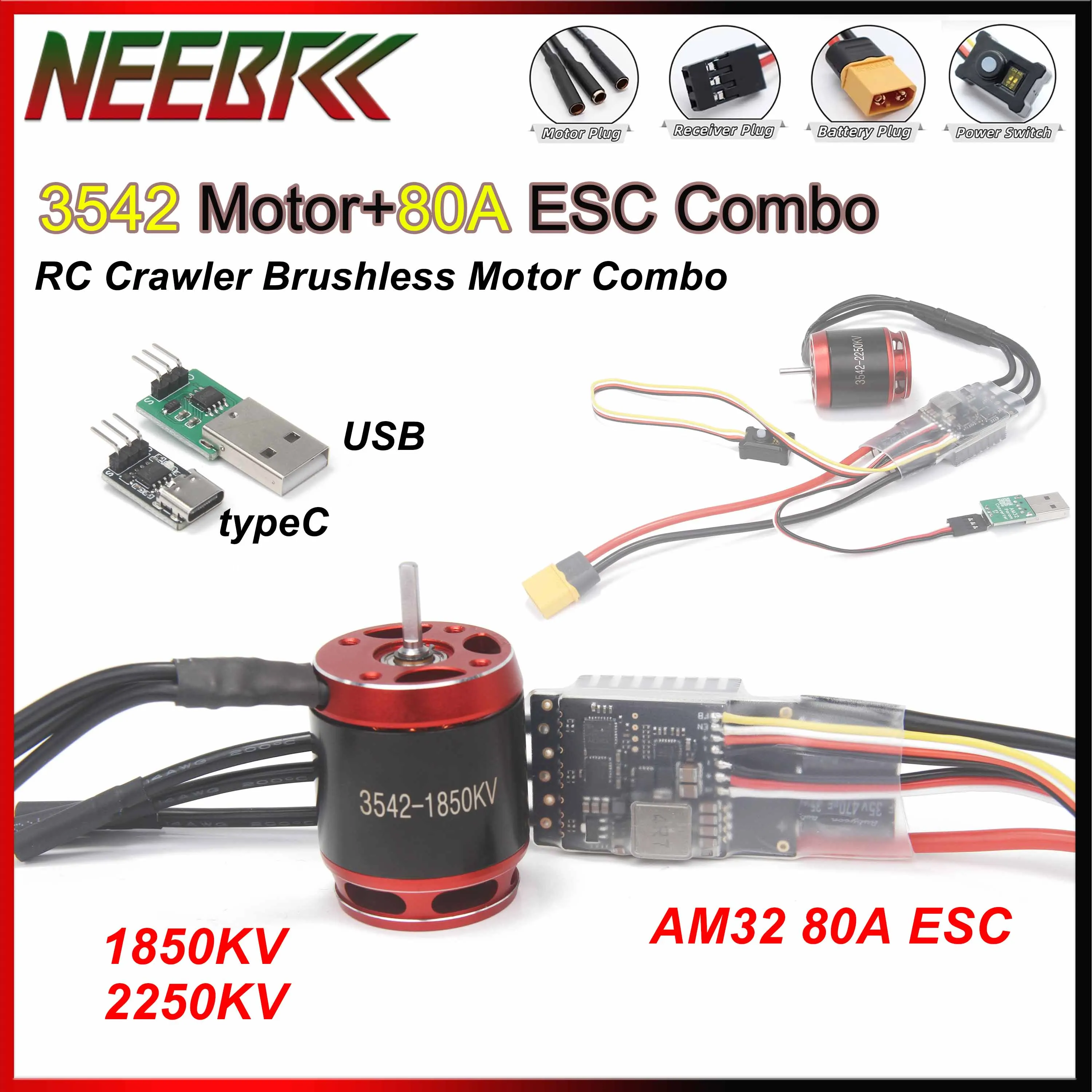 

NEEBRC RC Crawler Car 3542 1850KV 2250KV Brushless Motor AM32 80A ESC 2-6S BEC for AXIAL SCX10 90046 Traxxas TRX4 TRX6 RC Car