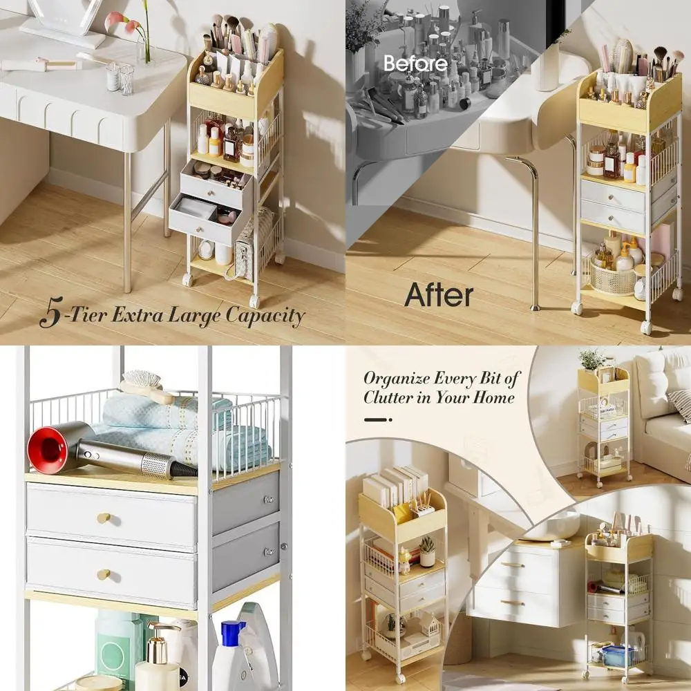 

Тележка для хранения косметики на колесиках с ящиками — универсальный органайзер для ванной комнаты для ухода за кожей, духов, аксессуаров для волос и ногтей, идеально подходит для