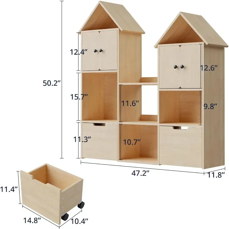 Wooden Kids Bookshelf with Toy Box, Toy Storage Organizer with Wheels, Kids Bookcase for Playroom, Bedroom