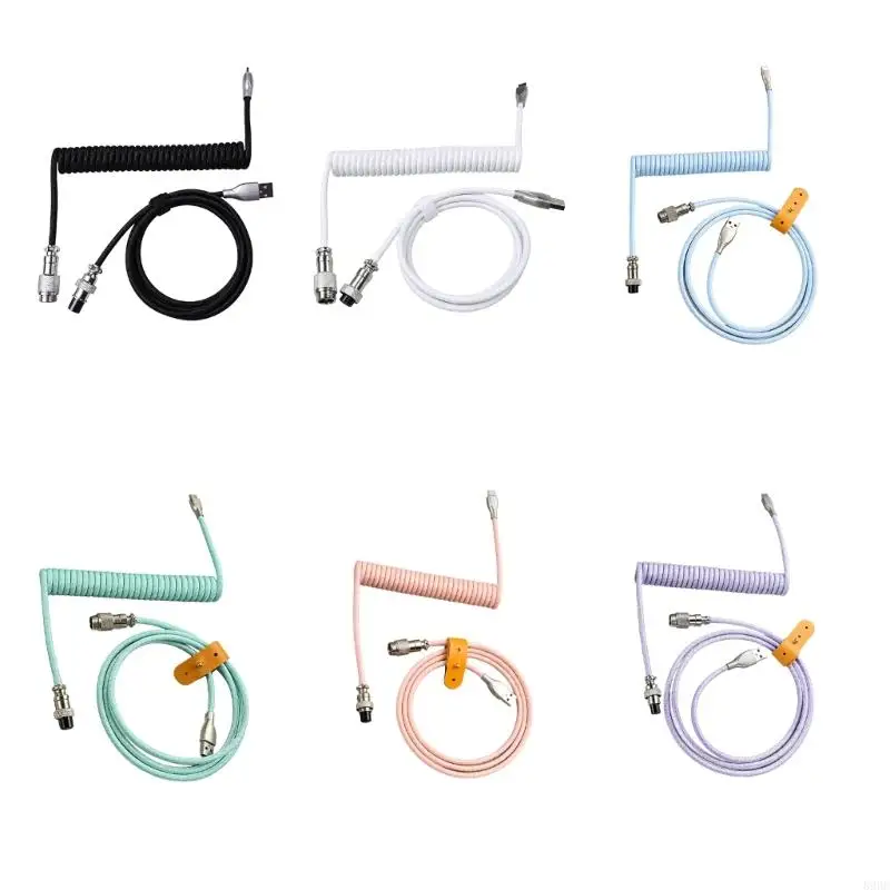 Coiled Mechanical Keyboard Cable with 5Core PVC Construction, Detachable Metal Aviation Connector, Visible USB Plugs 896C
