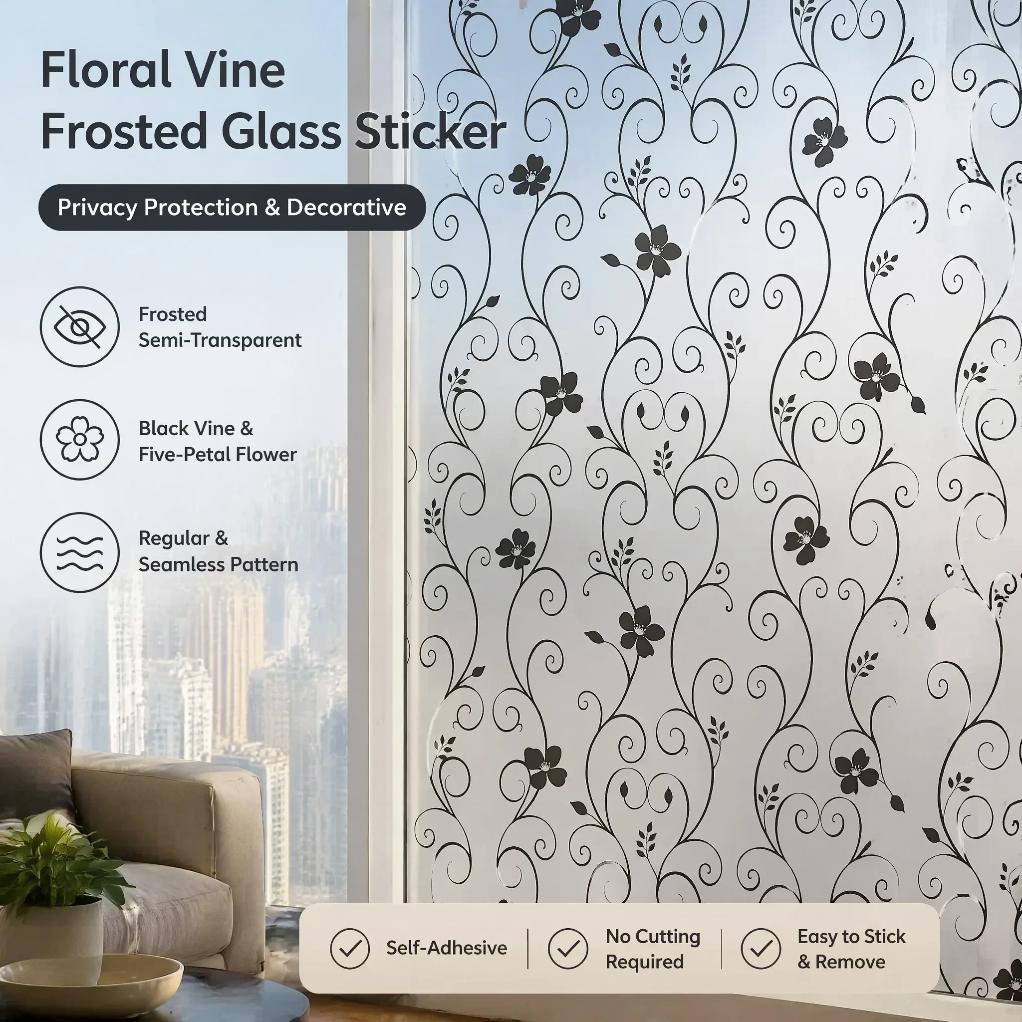 Self-Adhesive Black Floral Vine Frosted Window Film, 24H Privacy Waterproof Removable No Residue Decorative Glass Sticker