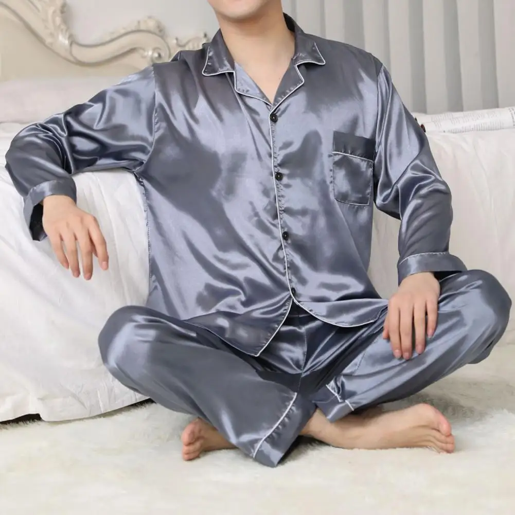 Men Pajama Set Two-piece Pajamas Men's Satin Lapel Long Sleeve Single-breasted Patch Pocket Shirt Elastic Waist Pants Sleepwear