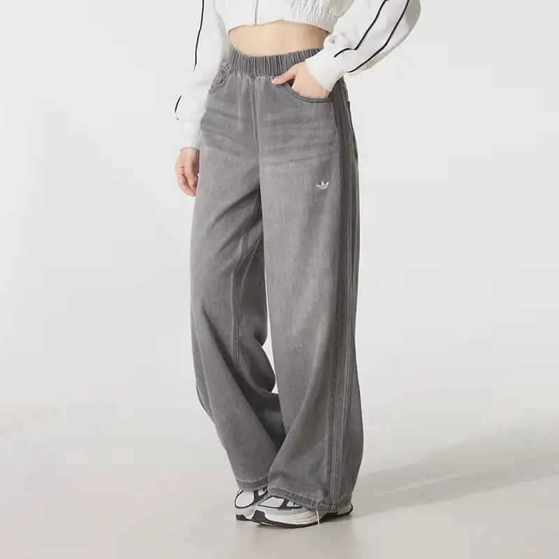Adidas Trefoil Women's Jeans Sports Fashion Retro Casual Pants Comfortable Loose Straight-Leg Trousers KC5839