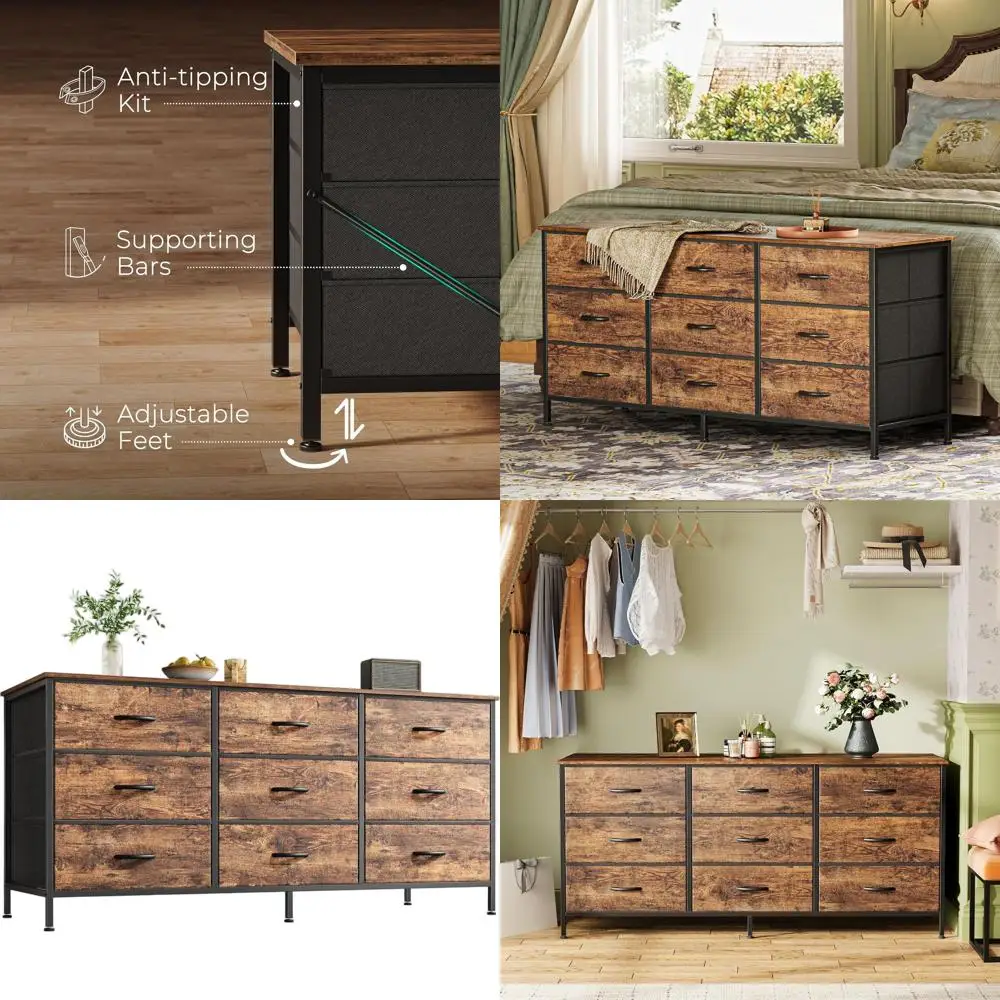 

9 Drawer Dresser, 47 Inch Dresser TV Stand for 50, 55 Inch TV, Entertainment Center with Drawers, for Bedroom, Closet, Rustic Br