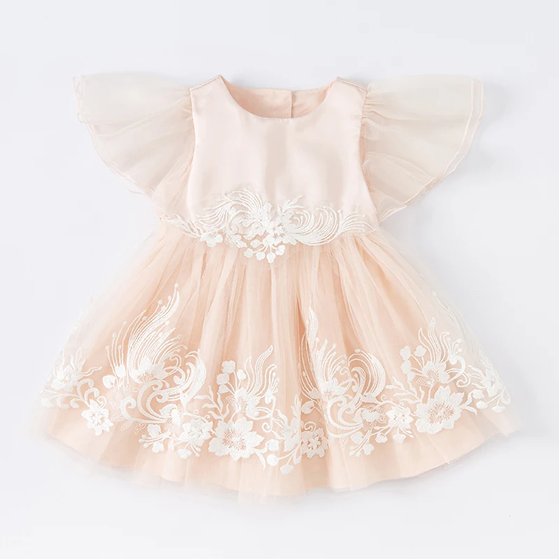 Dave Bella Girl Princess Dress Summer Short Sleeve Round Collar Pink Embroidered Lace Skirt Kid Clothes DB2221357