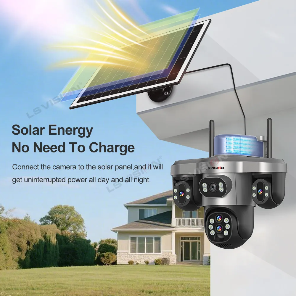 LS VISION 20MP 4G Solar Camera 4 Lens 3 Screens 10X Optical Zoom Outdoor Wireless Security Cameras Auto Tracking CCTV V380 Pro