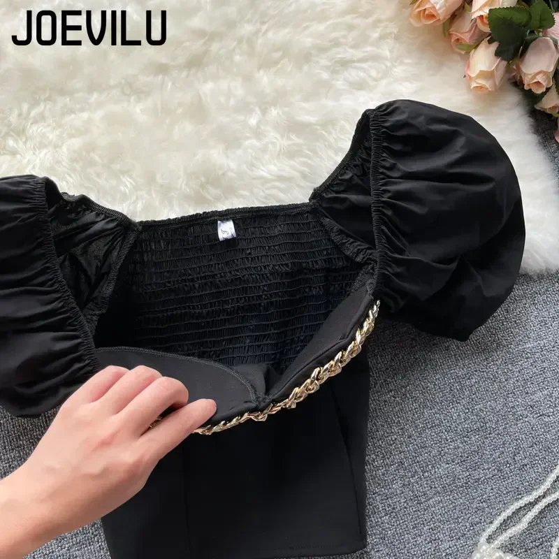 Belly Button Shirt Chic Chain Off Shoulder Expose Clavicle Tank Top Summer Puff Sleeve Crop Tops Women Elegant Sexy Slim Blouses