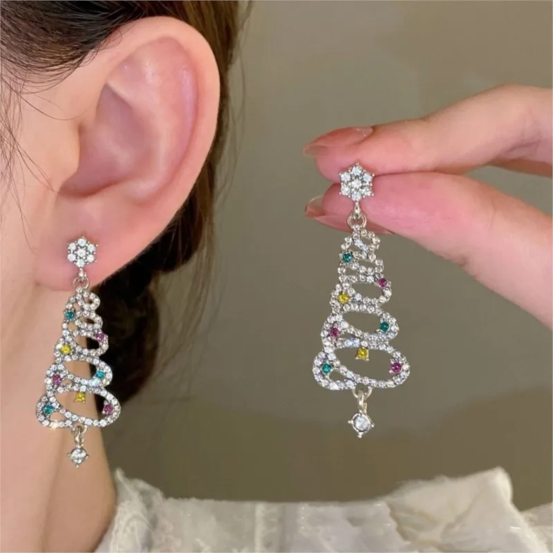 Colorful Shiny Hollow Tassel Christmas Tree Stud Earrings for Women 2024 New Trend Fashion Earring Pretty Girls Jewelry Gifts