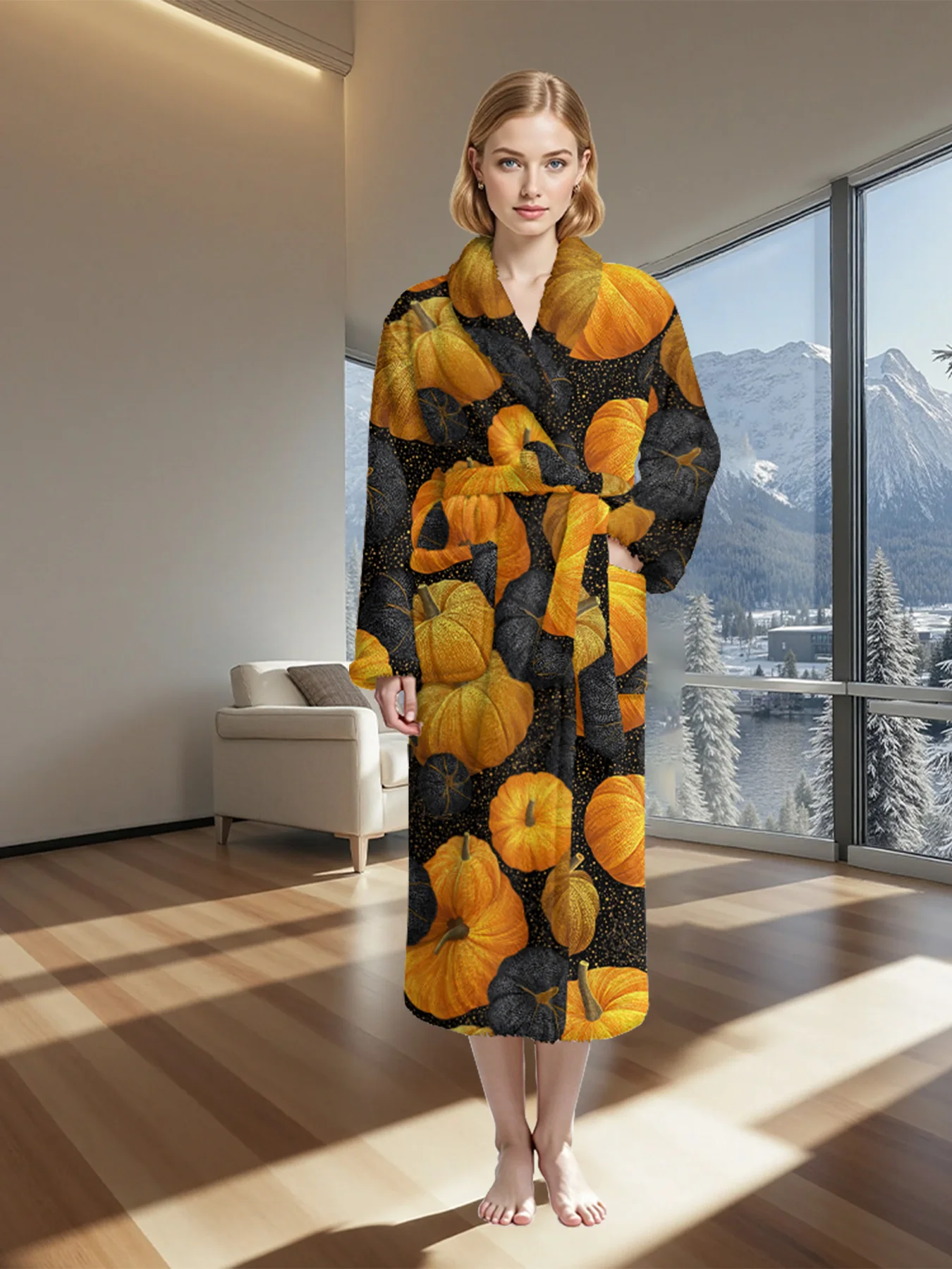 Skull Spooky Halloween Pumpkins Robes Spider Webs Full Moon Bats Flannel Party Cosplay Festival Warm Winter Cozy Loungewear