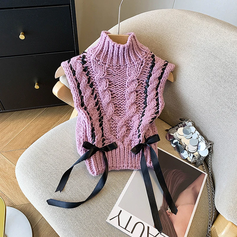 

Женский фиолетовый вязаный жилет без рукавов с высоким воротом и милой отделкой с бантом Y2K, жилет в консервативном стиле, осенняя повседневная одежда