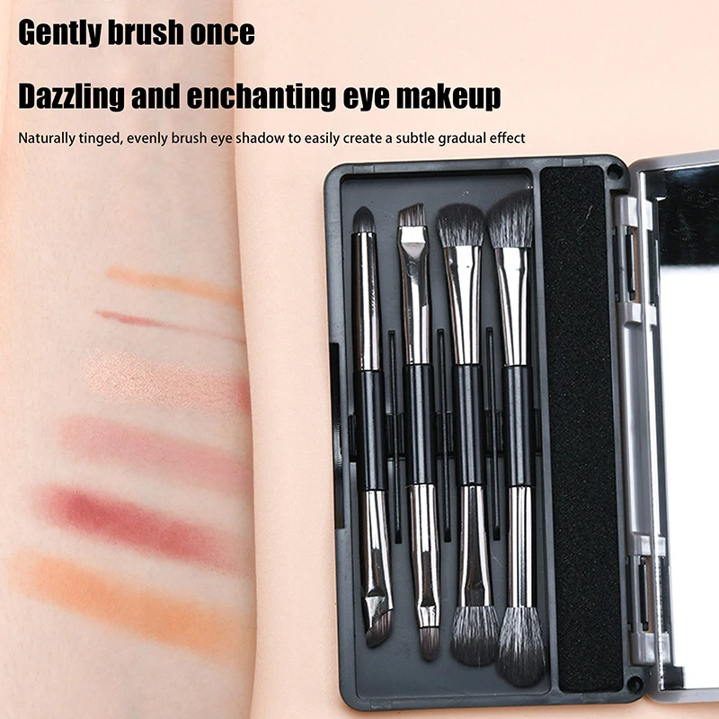 4Pcs Double Head Eyeshadow Brush Set With Dry Clean Sponge And Mirror Multifunction Concealer Highlight Eyeliner Travel Portable