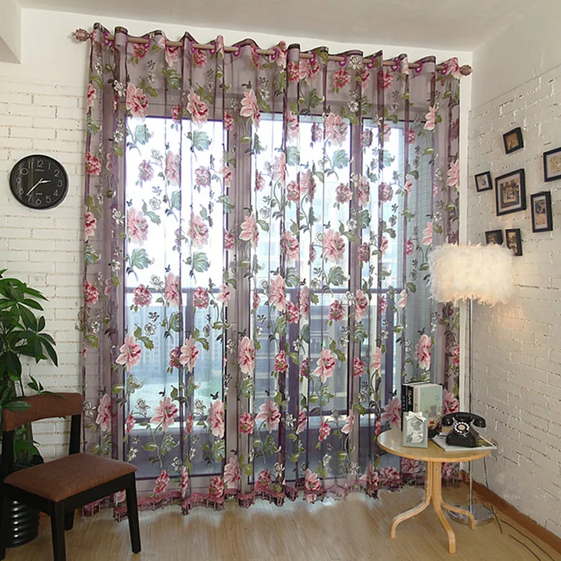2Pcs Window Curtain Transparent Peony Flower Windows Panel Balcony Living Room Bathroom Bedroom Curtains Home Decoration