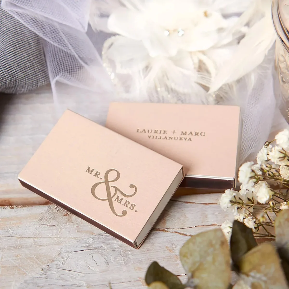 

Custom Mr. & Mrs. Match Boxes - Party Favors, Custom Matches, Foil Stamped Matches, Personalized Matchboxes, Reception Decor
