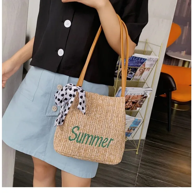 2023 Summer New Silk Scarf Decoration Bucket Straw Woven Bag Korean Fashion Woven Women's Bag Handbag Shoulder Bag